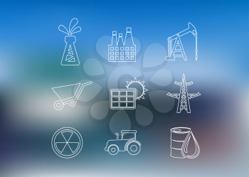 Outline industrial icons set with Oil derrick, factory, oil pump, wheelbarrow, solar battery, high-voltage tower, nuclear sign, barrel, truck and tractor