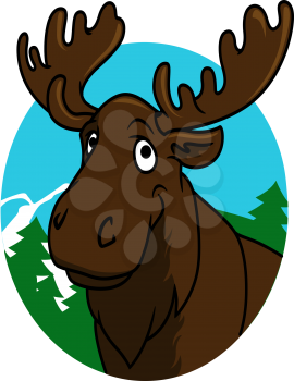Cute funny cartoon moose or elk with a big horns and trees for wild life design