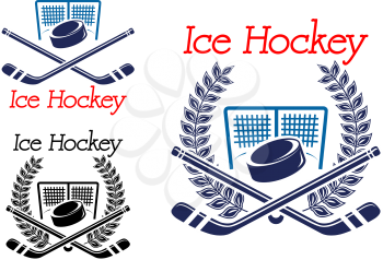 Ice hockey sporting emblems with hockey puck, net and sticks
