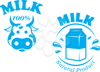 Milk emblem or symbol with cow head and package of one hundred percent natural product for farming, dairy and agriculture design
