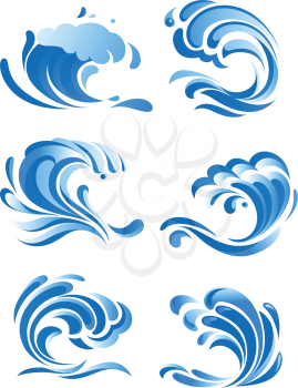 Bblue curling ocean waves icons and symbols for environment design