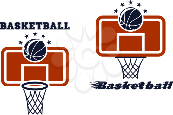 Basketball symbols and emblems with backboard and flying ball