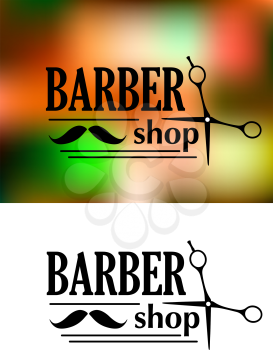 Black and white retro barber shop emblem or logo with moustache, scissors and the text  BARBER shop for service industry design