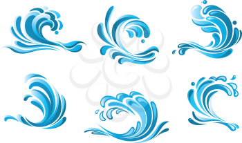 Blue water waves symbols isolated on white, suitable for ecology, nautical  or marine design