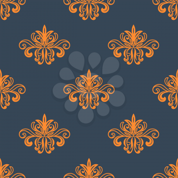 Floral vintage retro orange seamless pattern on indigo or dark blue background, for backdrop, wallpapers and textile design