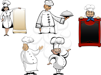 Cartoon chefs and  cooks characters set. With menu board, cook toque and tray or dish for cooking, gastronomy, cafe and restaurant design