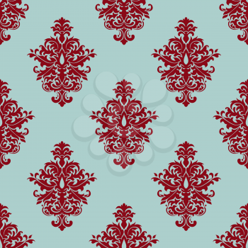 Floral retro maroon, dark red or crimson seamless pattern, on aqua marine or pale turquoise colored background