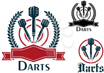 Three Darts sporting emblems or badges with darts on a dart board, two with laurel wreaths and blank ribbon banners and one plain all with text - Darts - below for sport and leisure design