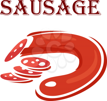 Cartoon sketch of red sausage with slices and text - SAUSAGE - isolated on white background