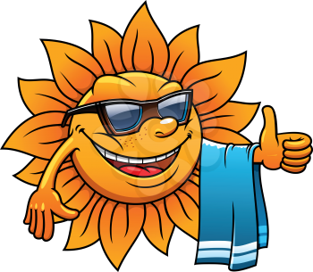 Happy tropical sun on a beach vacation with a towel over its arm, wearing sunglasses and giving a thumbs up of approval, cartoon illustration on white