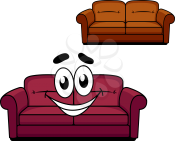 Happy and joyful cartoon of maroon upholstered couch of sofa with big smiley face and second brown upholstered couch without face isolated on white background