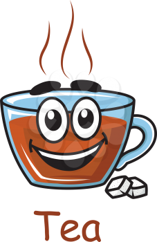 Happy and joyful funny cartoon of brown hot tea with blue cup container and two sugar cubes text Tea written below the tea cup