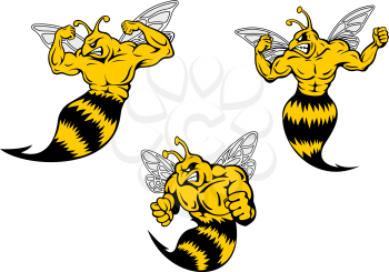 Angry yellow and black cartoon wasp or hornets with a sting shaking his fist and baring his teeth, cartoon illustration on white