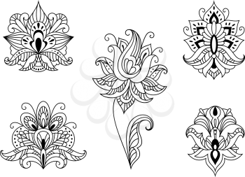 Ornate calligraphic black and white floral motifs of Persian paisleys in outline style for use as design elements isolated on white