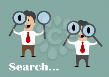 Businessmen with enlarged eyes looking through magnifying glasses with search text. Flat conceptual design
