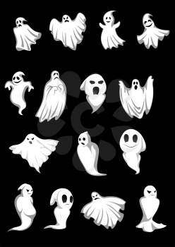 White Halloween ghosts and poltergeist on black background, for scary, fear or danger concept design