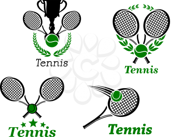 Tennis sport emblems with sporting equipment ball, racket, trophy cup and laurel wreath