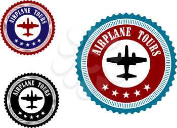 Aviation round emblem with airplane, stars and text Airplane Tours in retro style for aviation, logo and transportation design