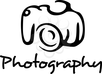 Photo camera and photography emblem in outline style isolated on white background. For media, hobbies and photography art design