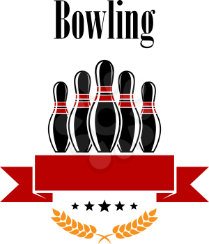 Bowling heraldic banner with ninepins, ears and ribbon isolated on white