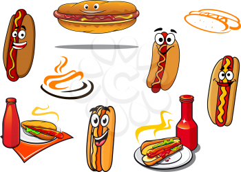 Hotdog cartoon characters and symbols set for fast food, nutrition and logo design