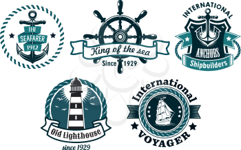 Nautical themed vector emblems or badges with various text depicting a ships anchor, lighthouse, wheel, tall sailing ship with rope borders, banners and a shield, blue on white