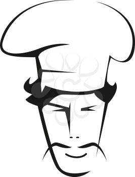 Black and white doodle sketch of a handsome chef with a drooping thin moustache wearing a traditional white toque