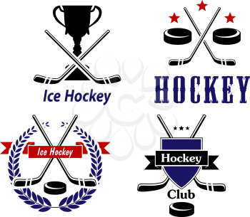 Vector Ice Hockey emblems and badges for clubs with crossed sticks and a puck one each with a trophy, laurel wreath and shield