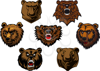 Brown grizzly or bear heads mascots with different expressions from curious to fierce and snarling, vector illustration isolated on white