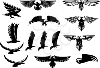 Eagle, falcon and hawk birds vector icons showing the bird flying or with outspread wings with feather detail