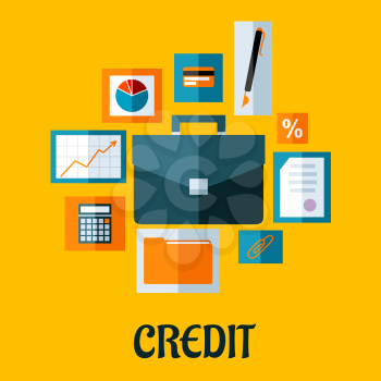 Credit concept in flat style with briefcase surrounded by icons depicting graphs and analysis, credit card, pen, contract, rate, paperwork, dossier and calculator