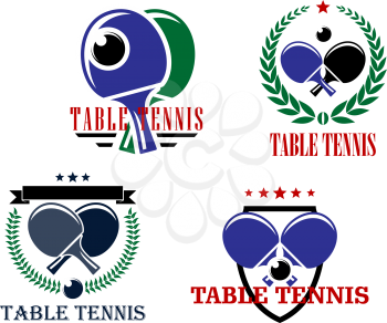 Table Tennis vector emblems or badges logo each with crossed bats and a ball in laurel wreaths or a shield with text Table Tennis