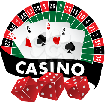 Casino emblem or badge with a roulette table and playing cards above a banner saying Casino and three red dice, vector illustration