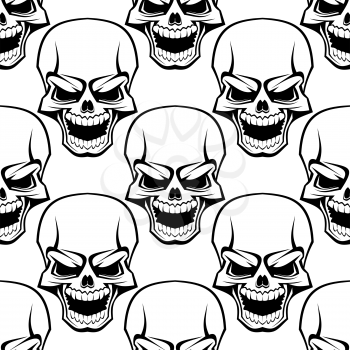 Black and white vector skull seamless background pattern with an evil looking skull with a full set of teeth in a repeat motif on white suitable for Halloween