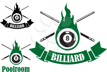 Billiard icons with crossed cues behind a flaming number 8 ball, two with ribbon banners and text Billiard, and the third with text Poolroom