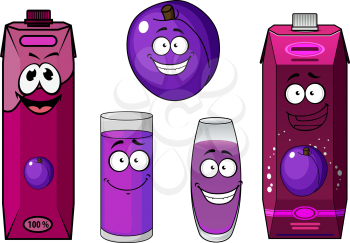 Happy purple plum with cartoon juice drinks and glasses isolated on white background