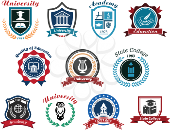University, academy and college emblems or logos set for education industry design. Isolated on white background