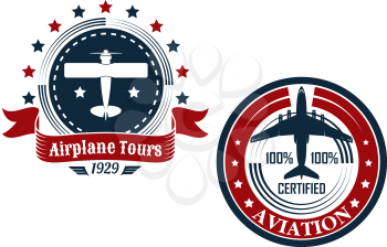 Circular aviation emblems or badges showing a small private plane with text Airplane Tours and commercial jetliner with text Aviation