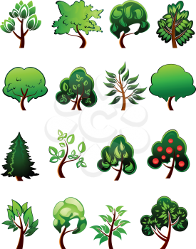 Set of vector cartoon green plants and trees design isolated on white background