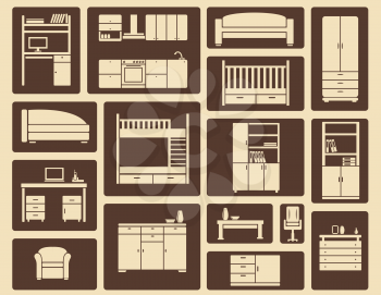 Brown and beige vector flat furniture and interior decorating icons for room layouts and infographic design