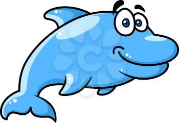 Happy cartoon blue dolphin character swimming along with a smile, vector illustration