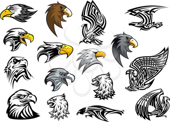 Cartoon eagle, falcon and hawk heads in profile for mascot, tattoo or logo design isolated on white background, vector illustration