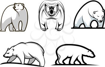 Set of cartoon polar bears showing five different stances either standing, walking or frontal threatening in black and white. For mascot, tattoo or emblem design