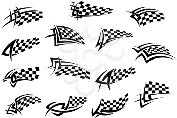 Racing sport checkered flag icons in black and white, for tattoo design, vector illustration isolated on white background