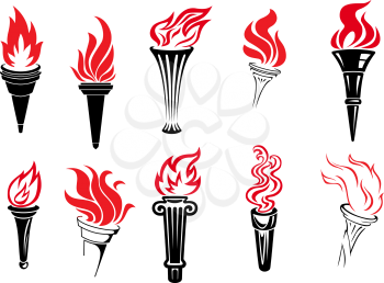 Set of burning torches icons in vintage style suitable for sport or antiquity themes with various shaped holders and flames in red and black, vector illustration on white