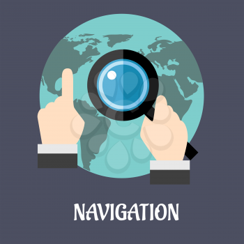 Navigation or search flat concept with a man using a magnifying glass on a world map to navigate to a specific destination, vector illustration
