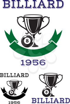 Billiard ball icons or emblems with a trophy and number 8 ball above a ribbon banner with date, or with banner, and text Billiard