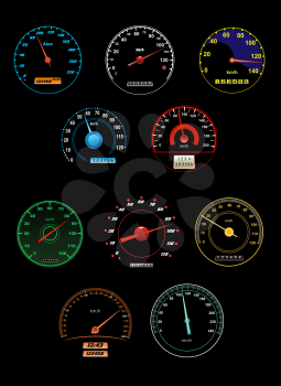 Set of various speedometers with dials and gauges with needle pointers and numbered scales, vector illustration
