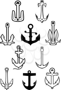 Marine or nautical themed set of ships anchors icons in various shapes in black and white, vector illustration