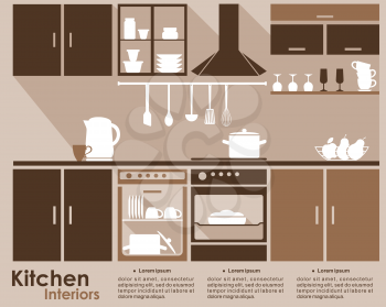Kitchen interior infographic template in flat style with built in appliances, cabinets, utensils, and contents in the dishwasher and oven in shades of brown with copyspace for text